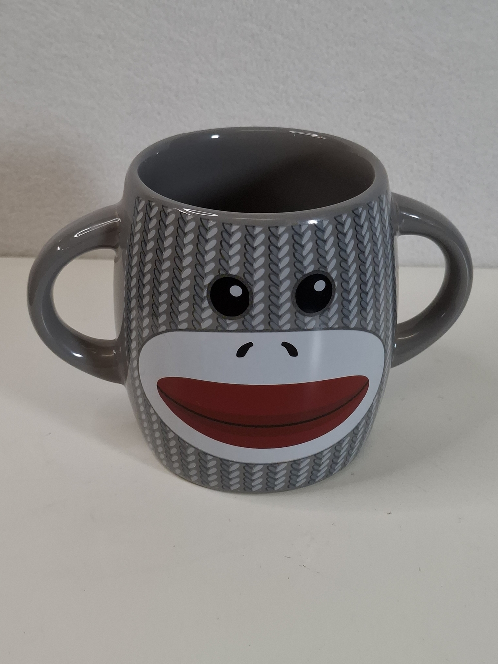 Gray Double-Handled Sock Monkey Ceramic Mug with Playful Face - Picture 2 of 7